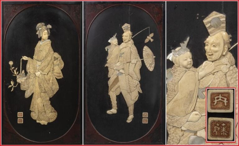 [X] PAIRE DE PANNEAUX EN BOIS LAQUES APPLIQUES D'IVOIRE ET DE NACRE PAR MADOKA