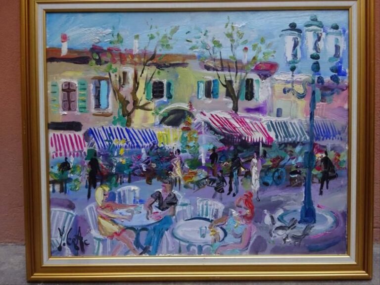 Yvon GRAC (1945-) "Instant de détente au marché aux fleurs" Huile sur toile Signée en bas à gauche Contresignée et titrée au dos 50 x 61 cm