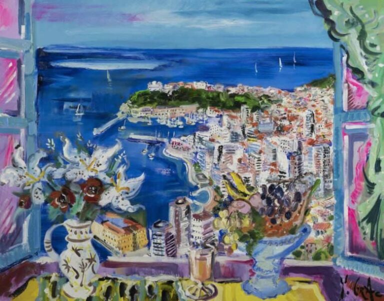 Yvon GRAC (Né en 1945) La principauté de Monaco et ses gratte-ciels Huile sur toil