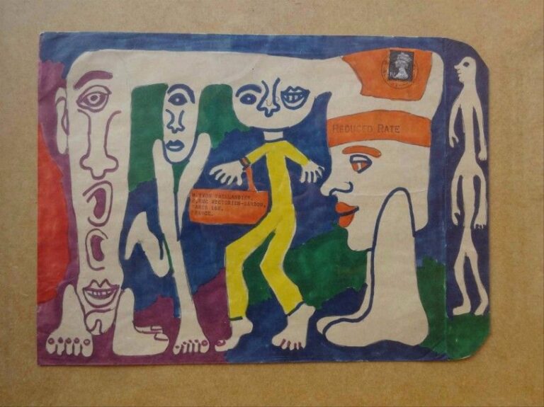 Yvon TAILLANDIER (1926-)  Personnages sur une enveloppe Gouache sur papier Non signée Dans son encadrement et sous verre 23,5 x 32,5 cm