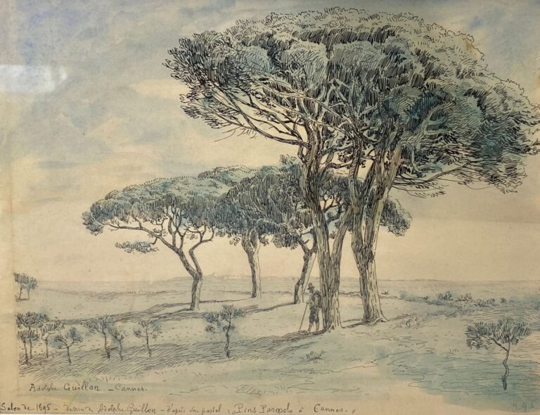 Adolphe GUILLON (1829-1896) - Pins Parasols à Cannes - Encre noire et aquarelle…
