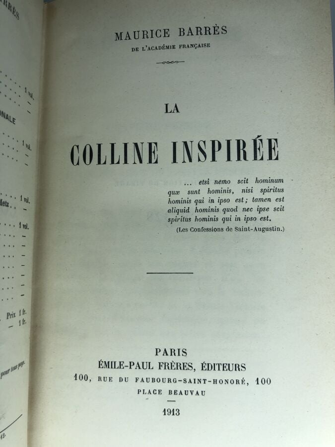 BARRES (Maurice). - La colline inspirée. Édité à Paris chez Emile-Paul frères e…