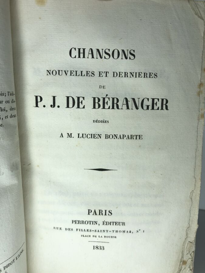 BERANGER (Pierre - Jean de). - Chansons nouvelles et dernieres. Édité à Paris c…