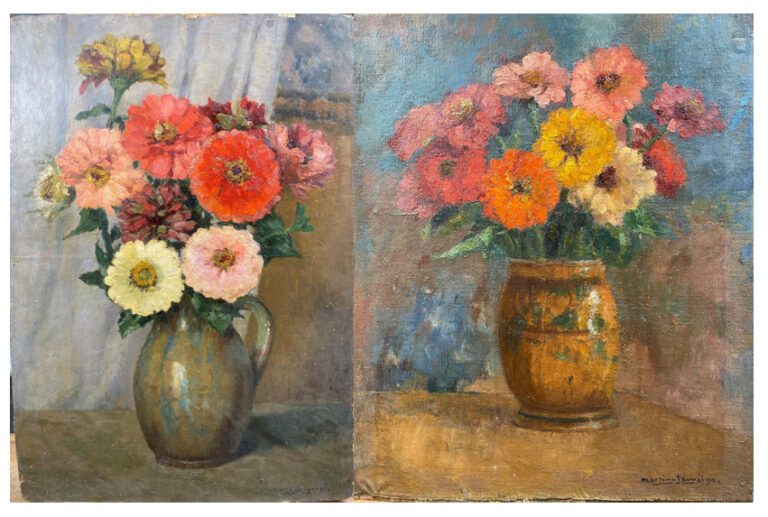 Charles MARTIN-SAUVAIGO (1881-1970) - Bouquet au pot de terre et Bouquet au vas…