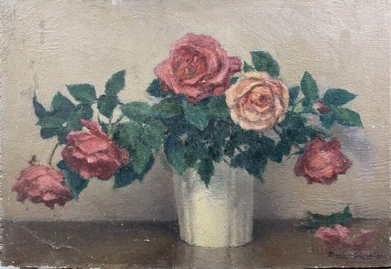 Charles MARTIN-SAUVAIGO (1881-1970) - Bouquet de roses au vase blanc - Huile su…