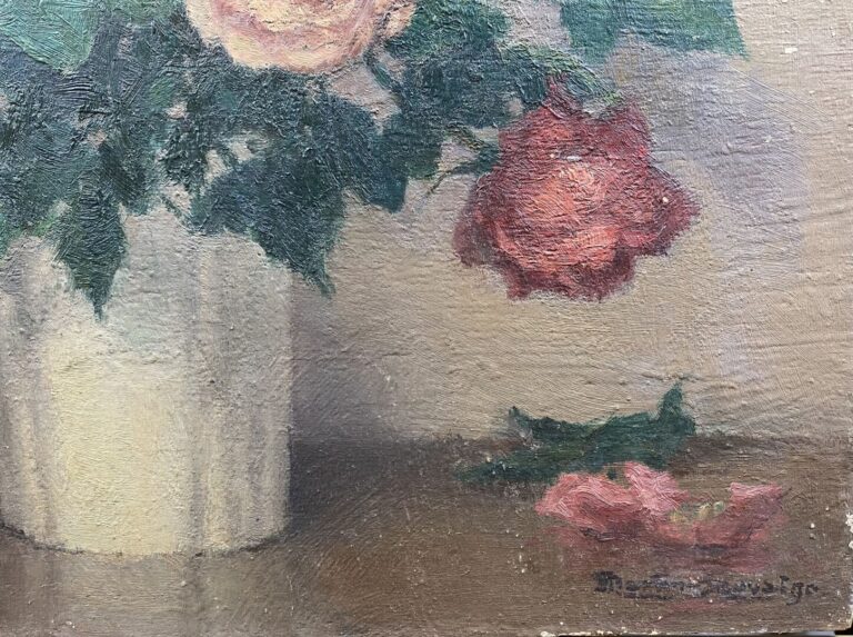 Charles MARTIN-SAUVAIGO (1881-1970) - Bouquet de roses au vase blanc - Huile su…