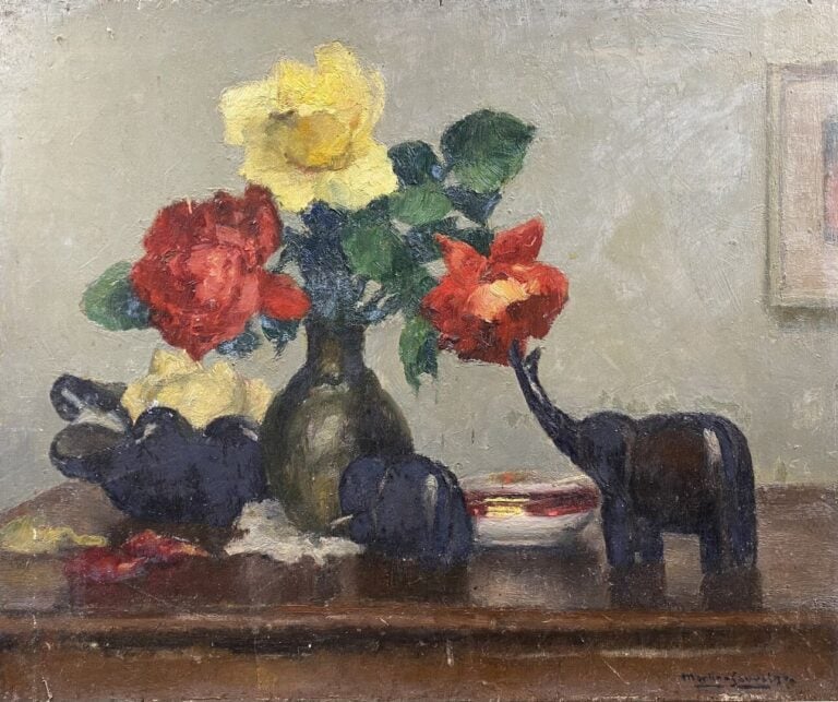 Charles MARTIN-SAUVAIGO (1881-1970) - Bouquet de roses au vase blanc - Huile su…