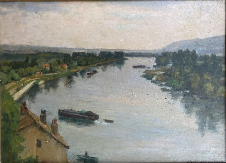 Charles MARTIN-SAUVAIGO (1881-1970) - La Saône à Trévoux (Ain) - Huile sur pann…