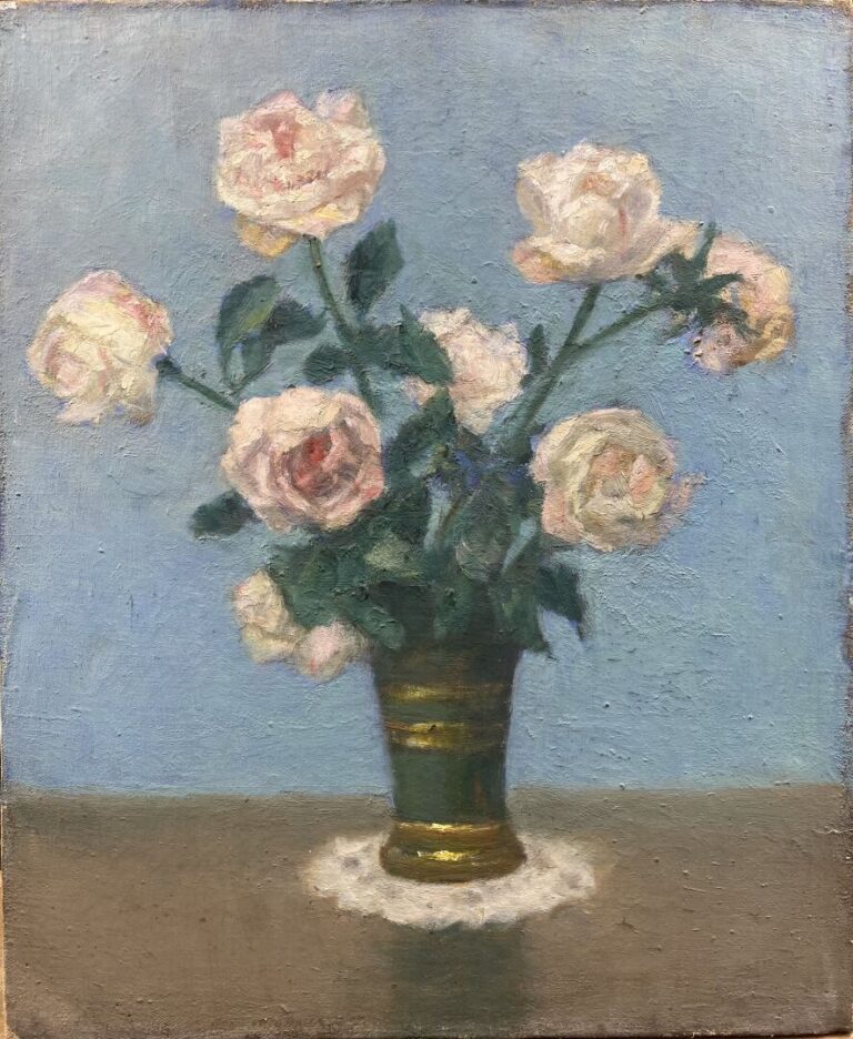 Charles MARTIN-SAUVAIGO (1881-1970) - Vase de roses - Huile sur toile - Cachet…