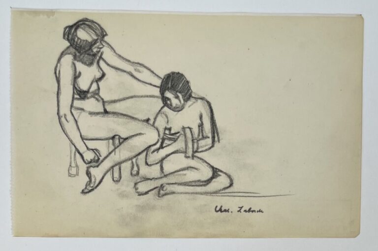 Chas LABORDE (1886-1941) (01562) - Deux amies - Fusain sur papier, cachet de la…