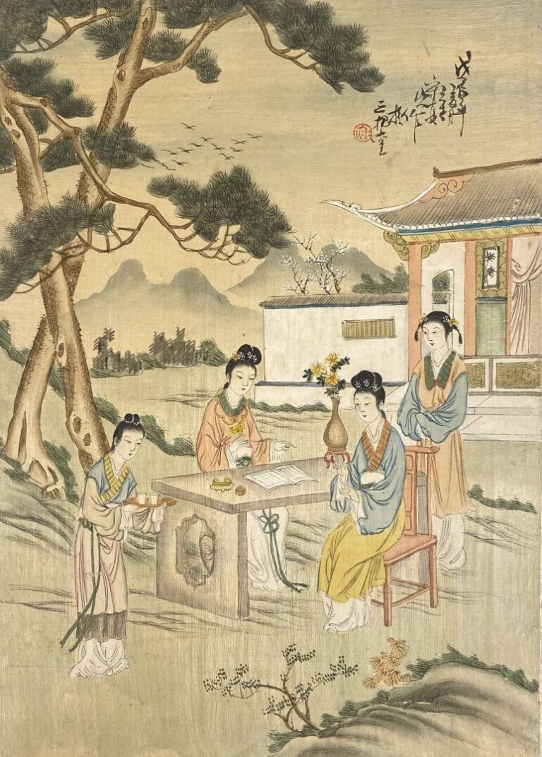 Chine - Ensemble de deux peintures sur soie représentant des jeunes femmes pren…