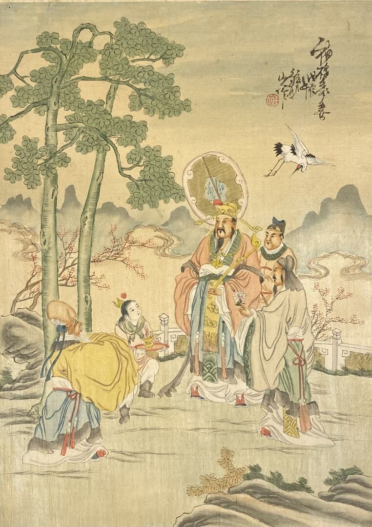 Chine - Ensemble de deux peintures sur soie représentant des jeunes femmes pren…