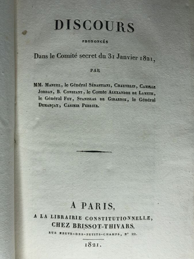 COLLECTIF. - Discours prononcés dans le comité secret du 31 janvier 1821. Édité…