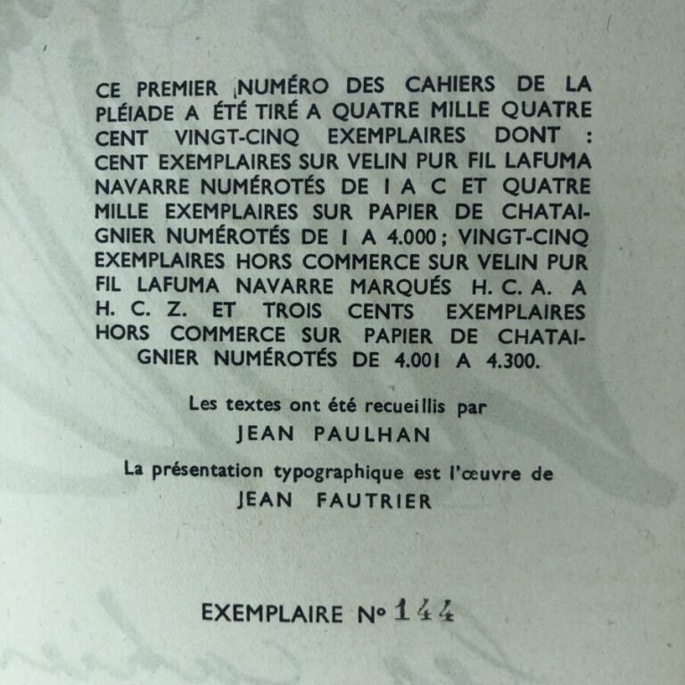 COLLECTIF. - Les cahiers de la pléiade, avril 1946. Édité à Paris chez Gallimar…