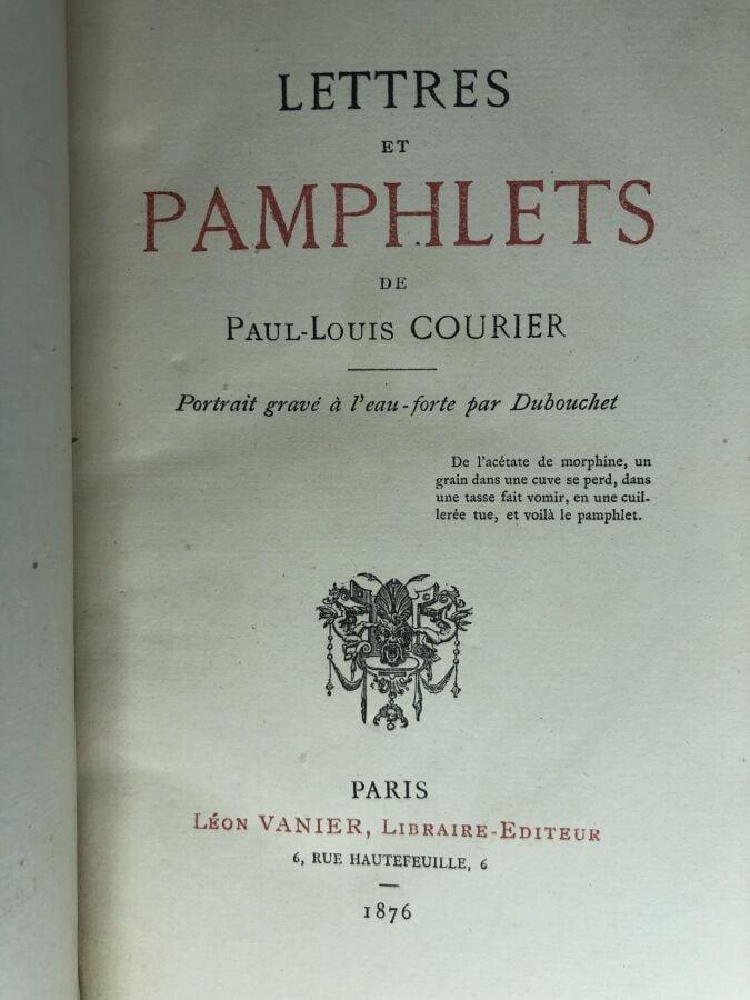 COURIER (Paul-Louis). - Lettre et Pamphlets. Édité à Paris chez Léon Vanier en…