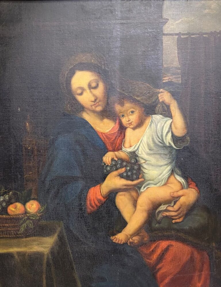 Dans le goût de Mignard, XIXe - Vierge à l'Enfant - Procédé sur toile