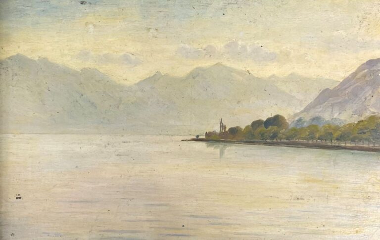 Ecole de la fin du XIXe - début du XXe siècle - Bord de lac d'Evian - Huile sur…