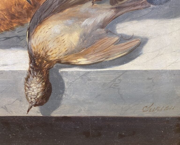 Ecole de la fin du XIXe siècle - Nature morte à la corbeille de fruits, lièvre…