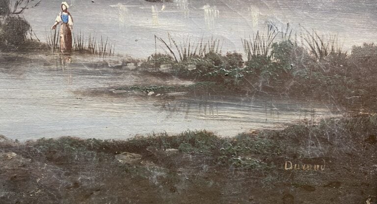 Ecole du XIXe siècle - Scène animée dans un paysage lacustre - Huile sur toile…