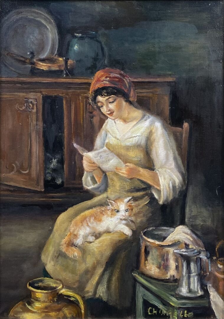 Ecole du XXe siècle - Jeune fille au chat dans un intérieur - Huile sur toile -…