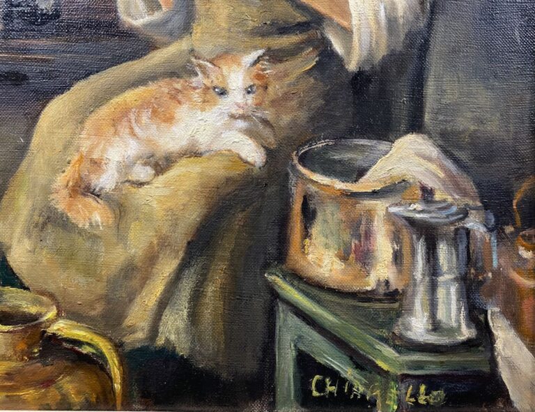 Ecole du XXe siècle - Jeune fille au chat dans un intérieur - Huile sur toile -…
