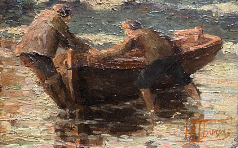 Ecole du XXe siècle - Retour de pêche - Huile sur toile - Signée en bas à droit…