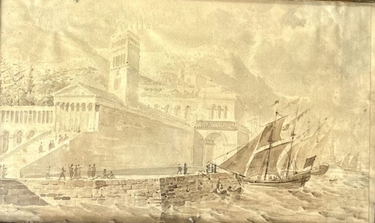 Ecole italienne vers 1800. Bateau au port. lavis d'encre.16.5 x 26.5 cm