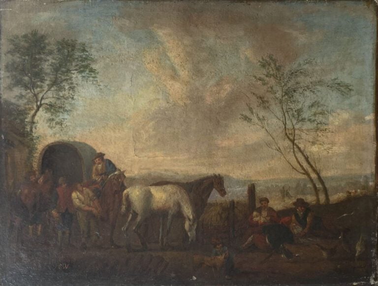 ECOLE XIXème - La Charette - Huile sur toile ( accidents) - 40.5 x 52.5 cm