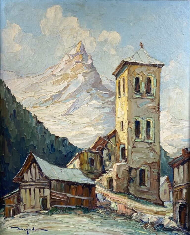 Elie BERNADAC (1913-1999) - Ferme et clocher en Savoie - Huile sur toile - Sign…