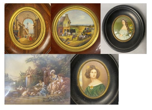 Ensemble de cinq miniatures dans le style des XVII et XVIIIe siècles représenta…
