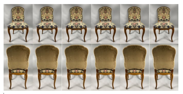 Ensemble de six chaises en noyer mouluré à dossier violoné posant sur des pieds…