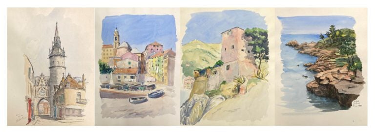Ensemble de trois carnets de dessins à l'aquarelle et croquis comprenant des vu…
