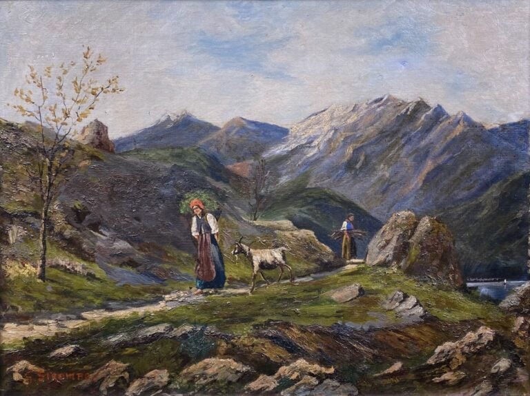 Giovanni SIROMBO - Paysans à la montagne - Huile sur toile - Signée en bas à ga…