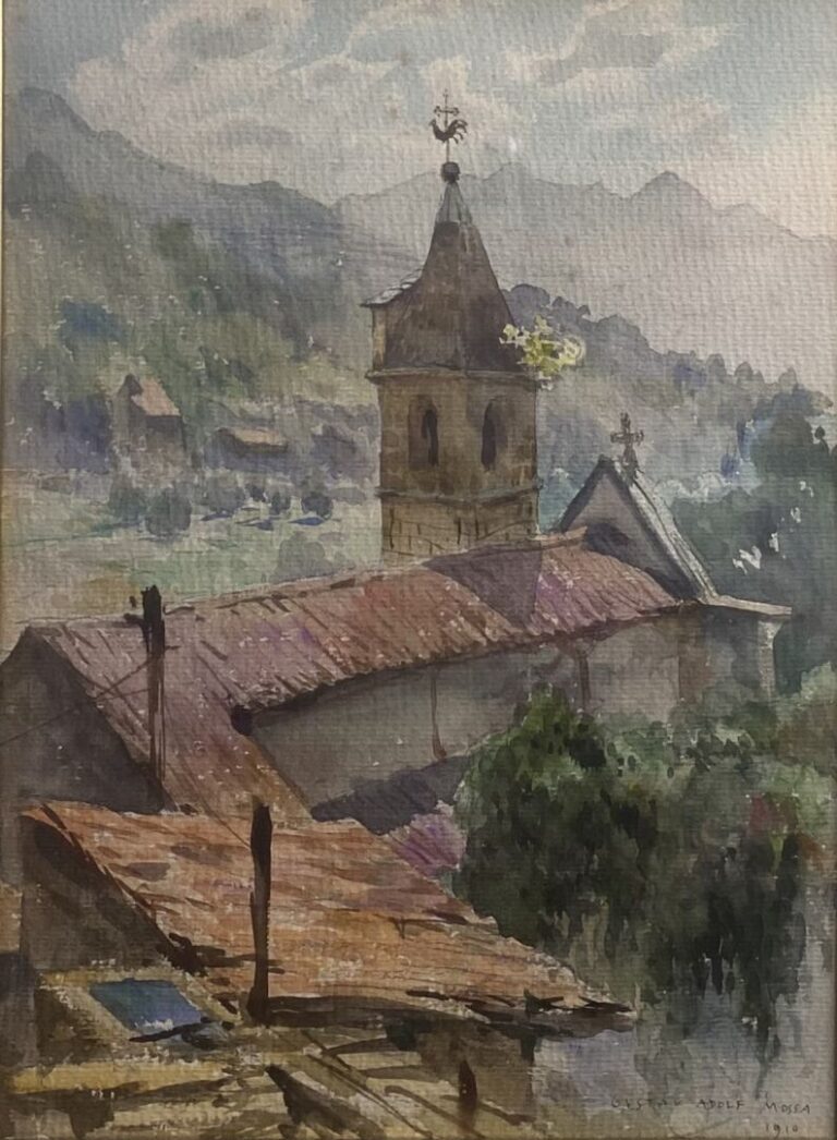 Gustav Adolf MOSSA (1883-1971) - Eglise de Roquebillière - Aquarelle sur papier…
