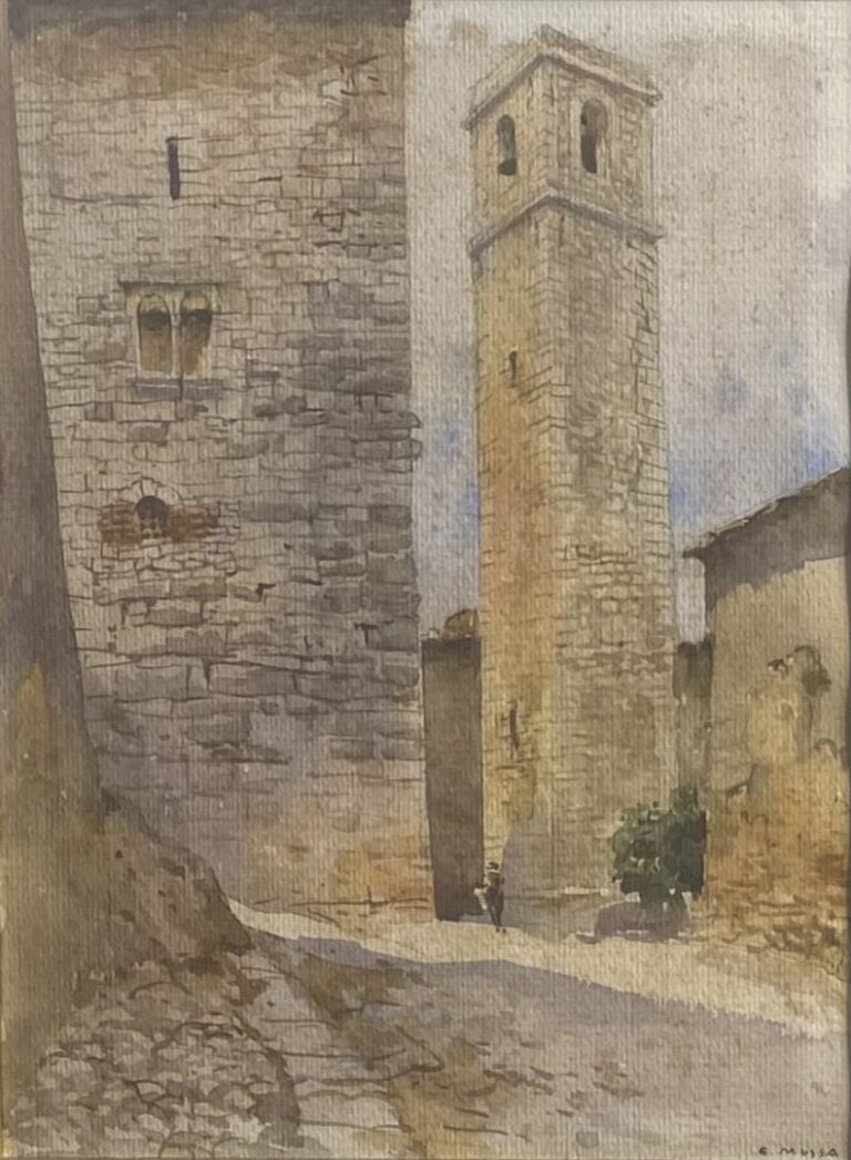 Gustav Adolf MOSSA (1883-1971) - Le clocher de la commune - Aquarelle sur papie…