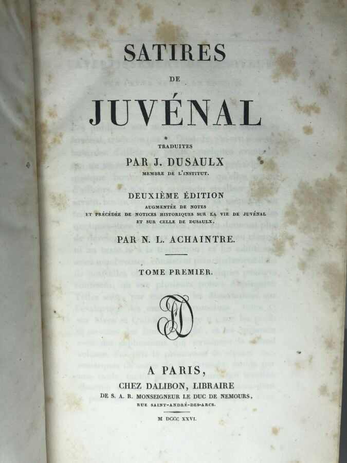 JUVENAL. - Satires de Juvénal. Édité à Paris chez Dalibon en 1826. 2 volumes de…