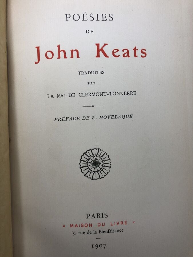KEATS (John). - Poésies de John Keats. Édité à Paris chez maison du livre en 19…