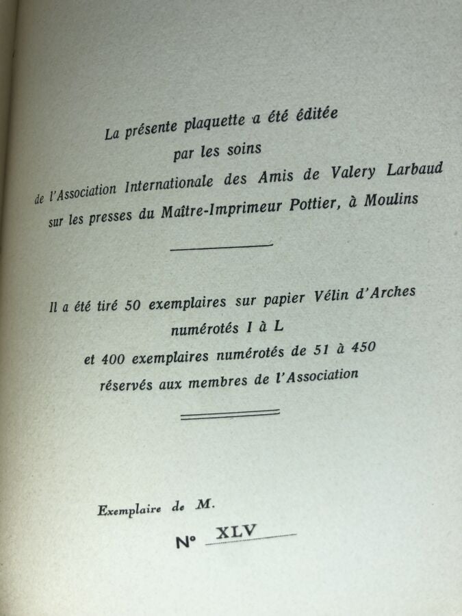 LARBAUD (Valery). - Valery Larbaud notre ami. Édité à Vichy chez Association in…
