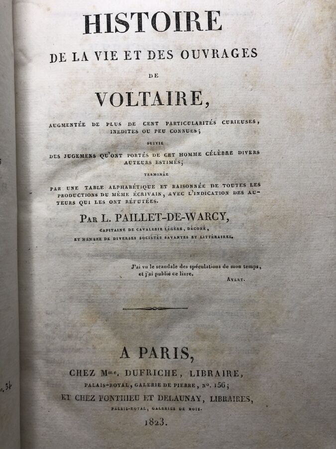 L.PAILLET / DE WARCY. - Histoire de la vie et des ouvrages de Voltaire. Édité à…