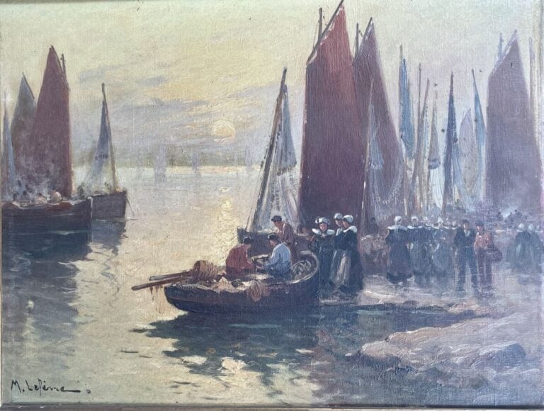 Marie LEFÈVRE (1840 - ?) - Le Port breton au coucher du soleil - Huile sur toil…