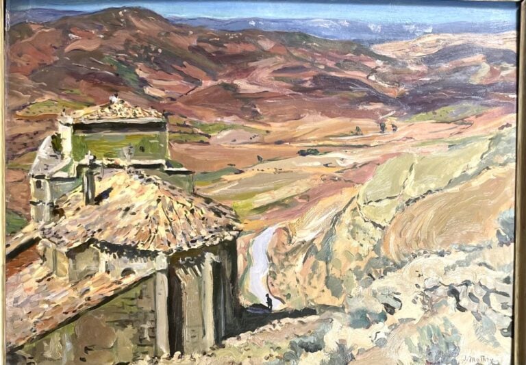 MATHEY - Paysage désertique à la chapelle - Huile sur panneau, signée en bas à…