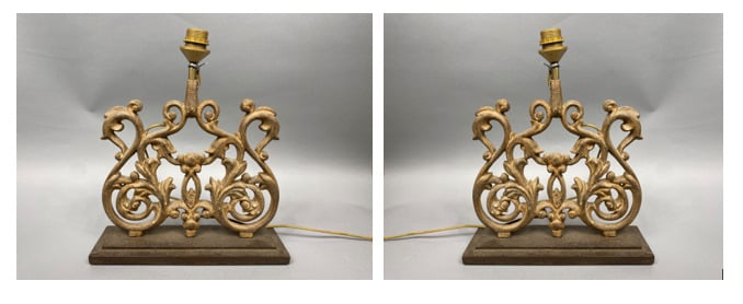 Paire de pieds de lampe en fer forgé patiné à décor ajouré de feuillages et enr…