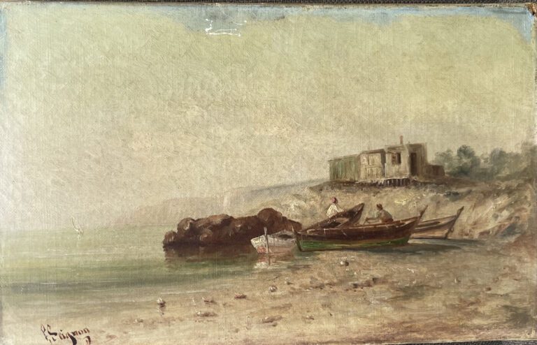 Paul SEIGNON (1820-1890) - Barques au rivage. - Huile sur toile, signée en bas…