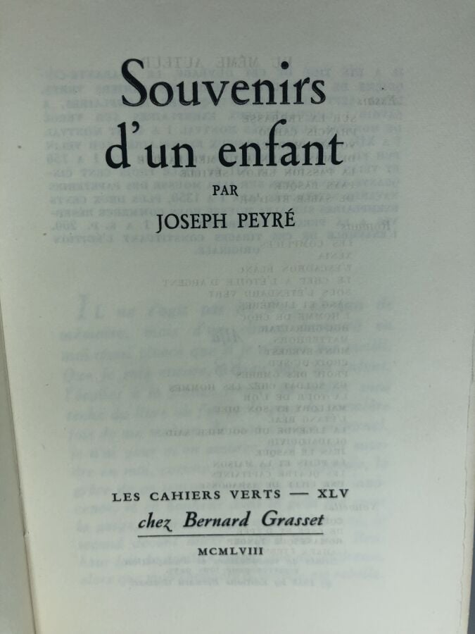 PEYRE (Joseph). - Souvenirs d'un enfant. Édité à Paris chez Bernard Grasset en…