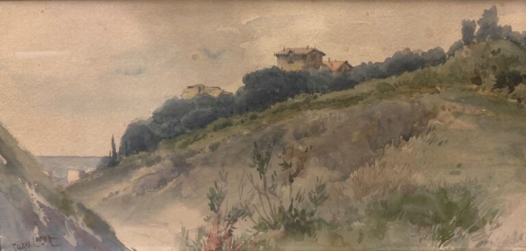 Pierre COMBA (1859-1934) - Maisons dans un paysage de campagne - Aquarelle sur…