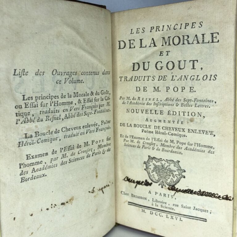 POPE M. - Les principes de la morales et du gout. Édité à Paris chez Briasson e…