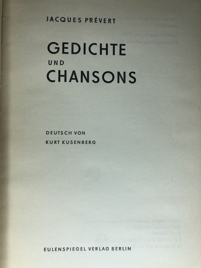 PREVERT (Jacques). - Gedichte und chansons. Édité sans lieu chez Eulenspiegel V…
