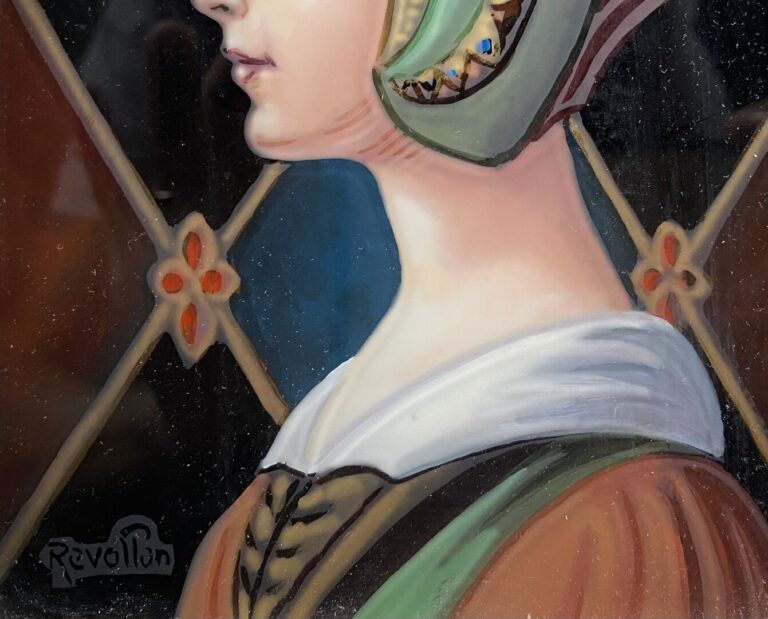 REVOLLON (XXe) - Profil de jeune fille coiffée dans le style médiéval - Peintur…