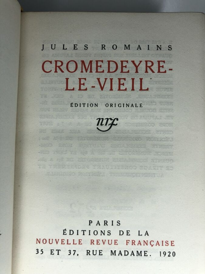 ROMAINS (Jules). - Cromedeyre-Le-Vieil. Édité à Paris chez NRF en 1920. De form…
