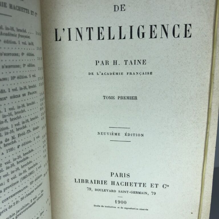 TAINE H. - De l'intelligence. Édité à Paris chez Hachette & Cie en 1900. 2 volu…